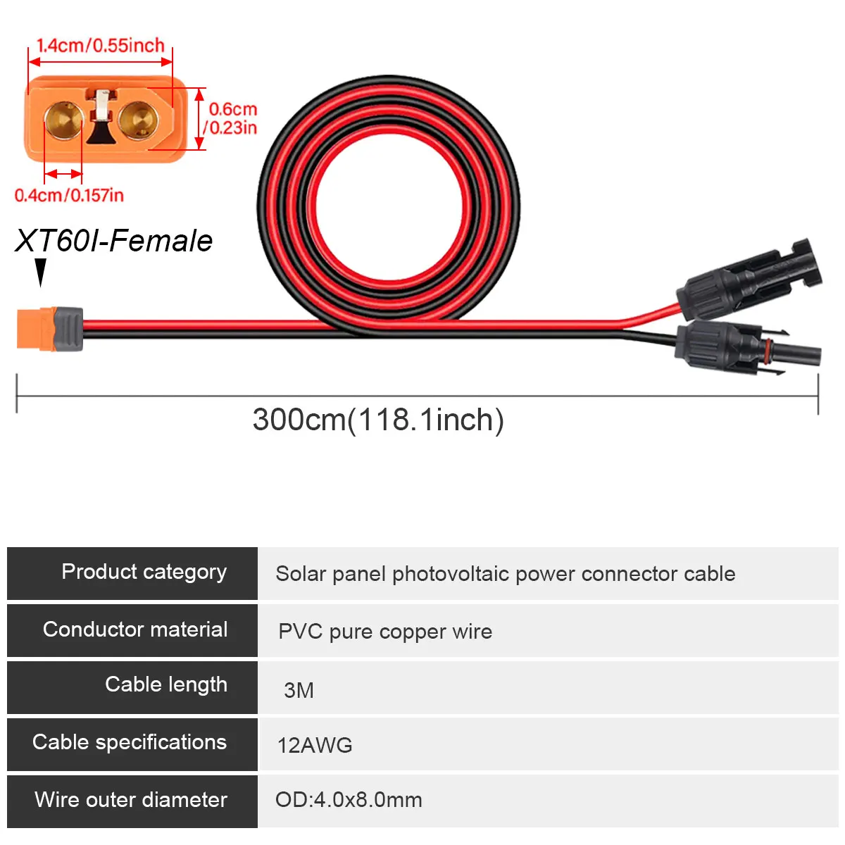 3M Solar Connector to XT60I- F Adapter 12AWG CableConnect Solar Panel Charge Cable for Solar Generator Portable Power Statio