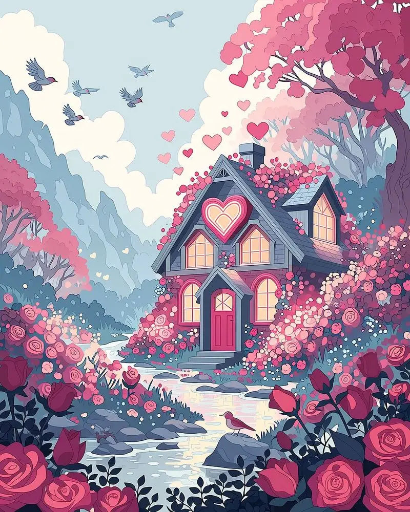 CHENISTORY Fantasy heart cottage with flowers