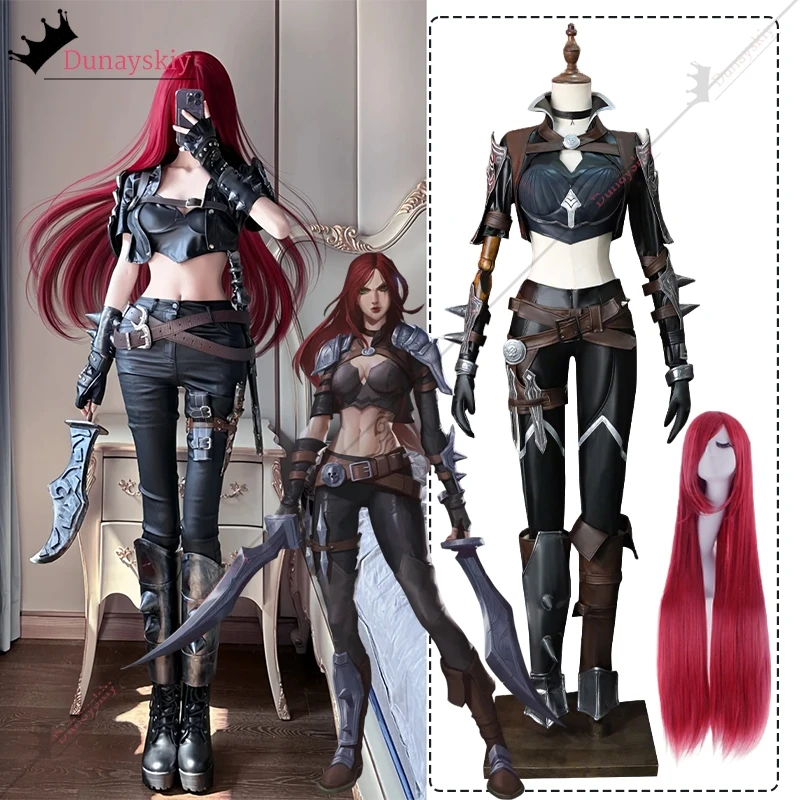 Costume de cosplay L*OL the Sinister Blade Katarina, tenue de combat d'assassin Katarina, perruque, autocollant de tatouage, accessoire, déguisement d'Halloween