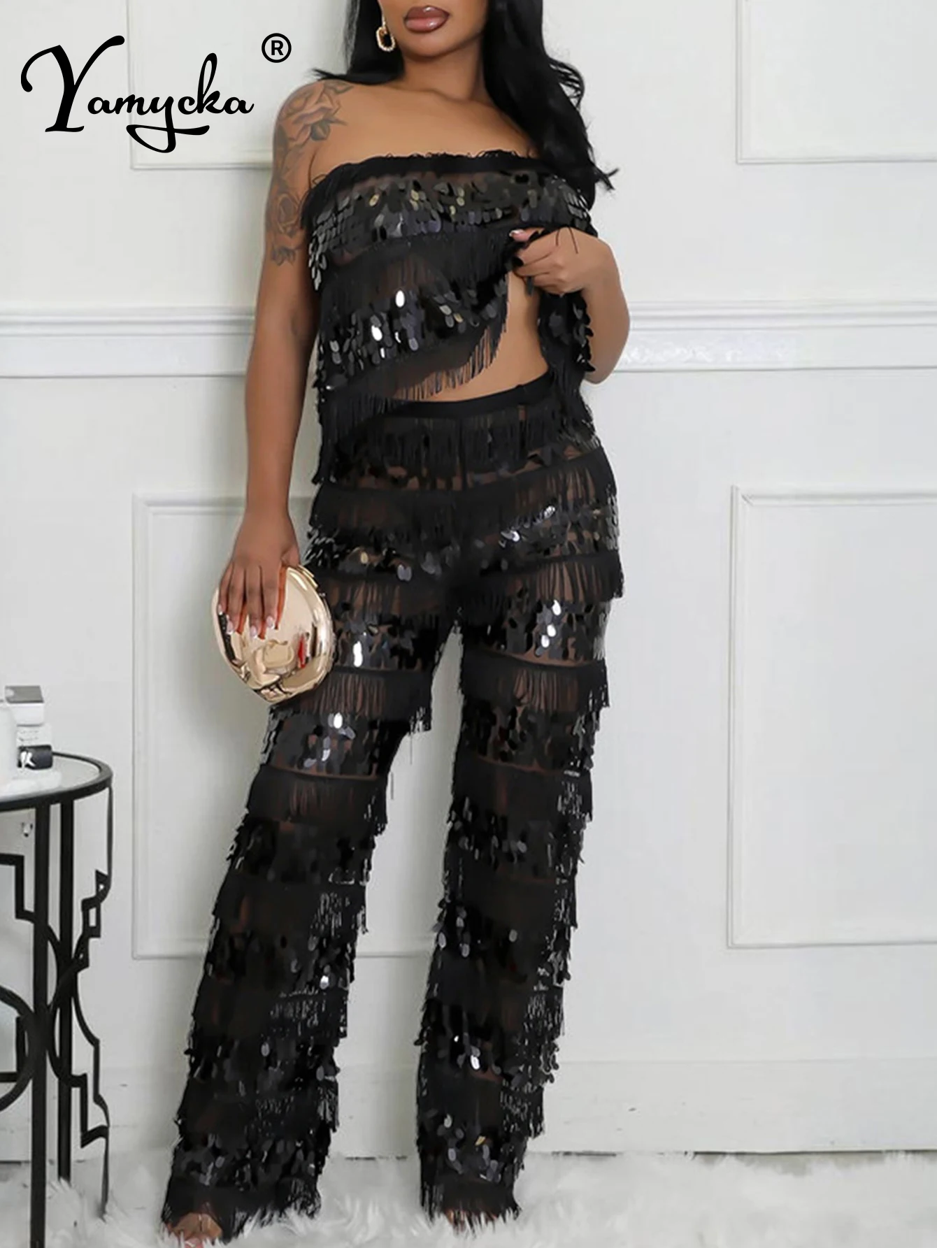 Sexy see through sequin jumpsuit women pants sets summer black backless romper jumpsuit woman elegant party jumpsuits outfits HL