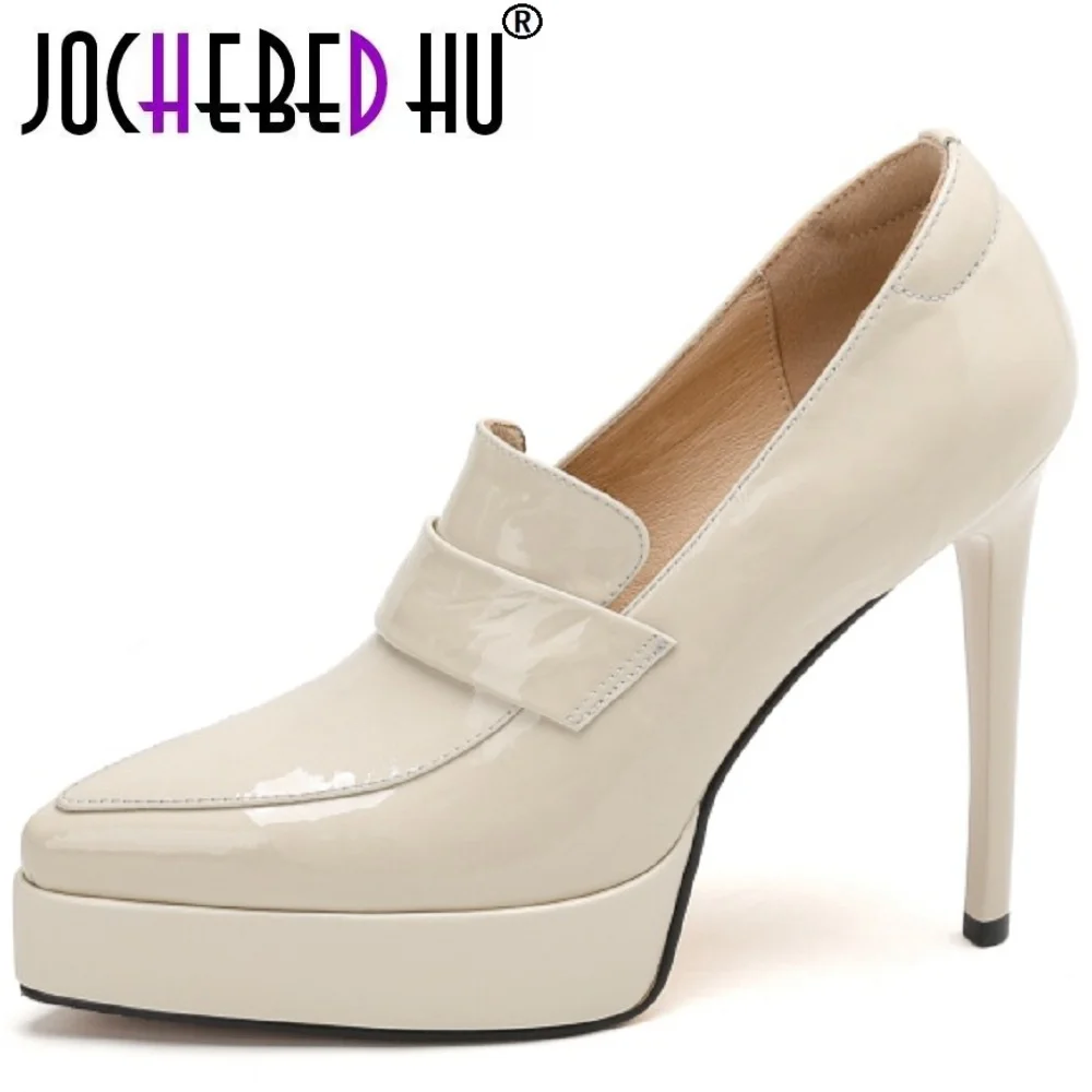 JOCHEBED HUHandmade Genuine Leather Thickened Non-Slip Waterproof Table Women Thick Heels Slip On Solid Color Office&Career