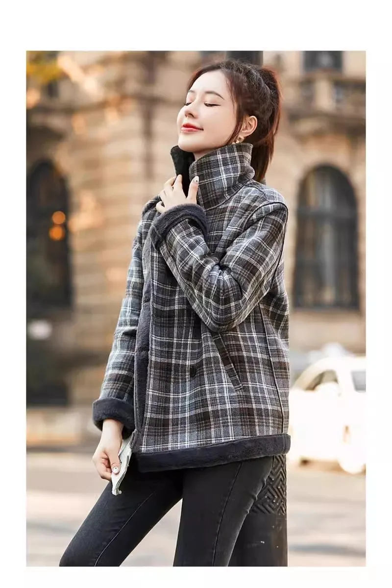 Winter New Retro Plaid Double Breasted Warm Imitation Fur Coat Women Loose High Quality Female Jackets