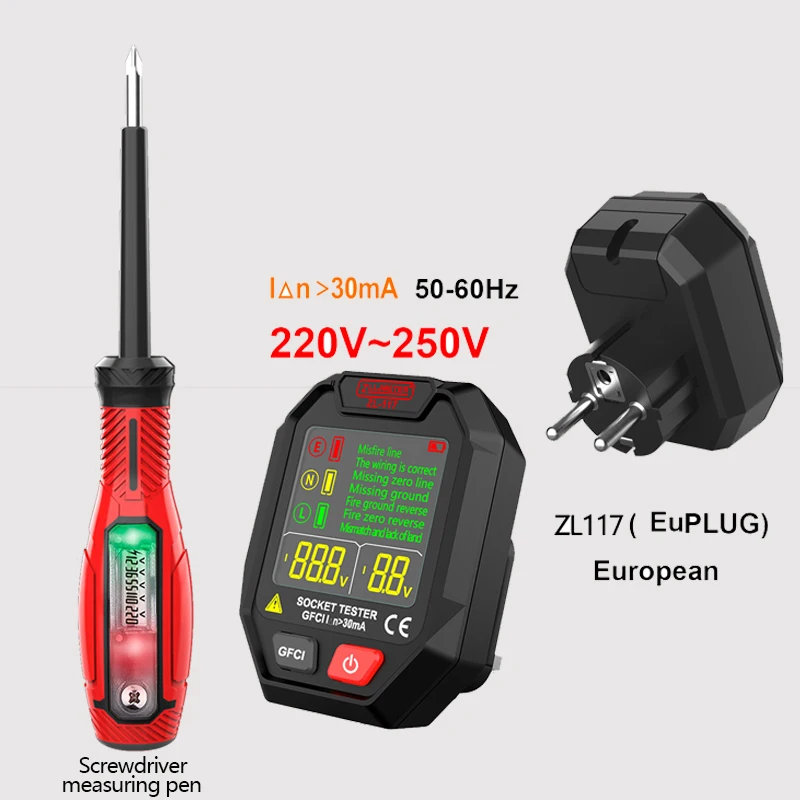 Digital Socket Tester US/EU Plug Polarity Phase Pheck Detector Voltage Tester Multi-function Electroscope RCD GFCI Socket Plug