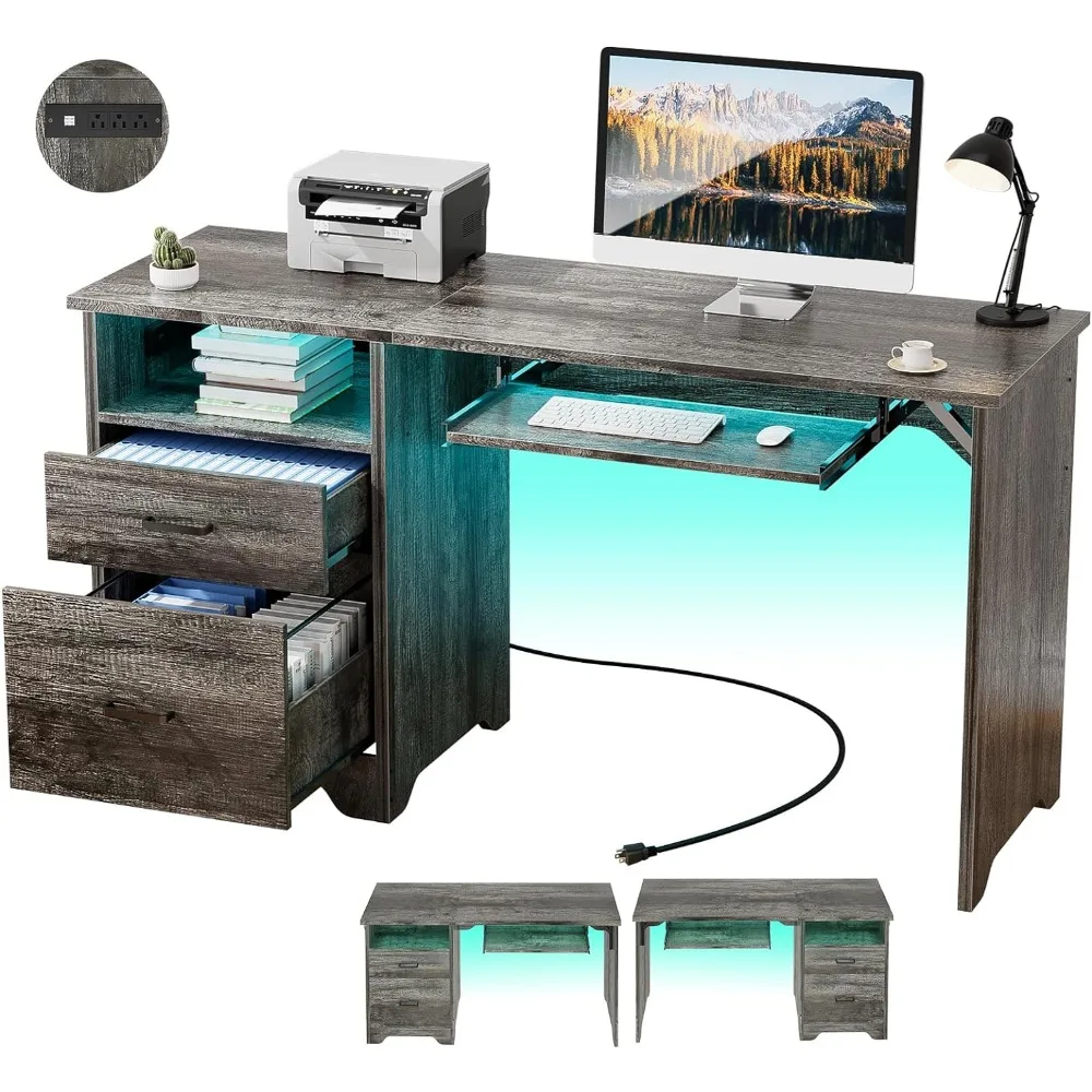 

55 Inch Computer Desk with Smart LED Light and Power Outlet, Reversible Office Desk with File Cabinet, Modern Sturdy Writing