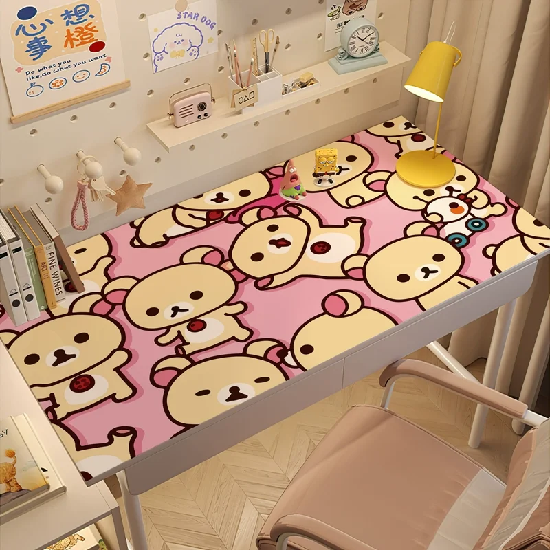 Kawaii Rilakkuma Cartoon PU Leather Desk Mat | Creative Waterproof Dining Table Pad for Student Dorm, Cute Study Desk Protector