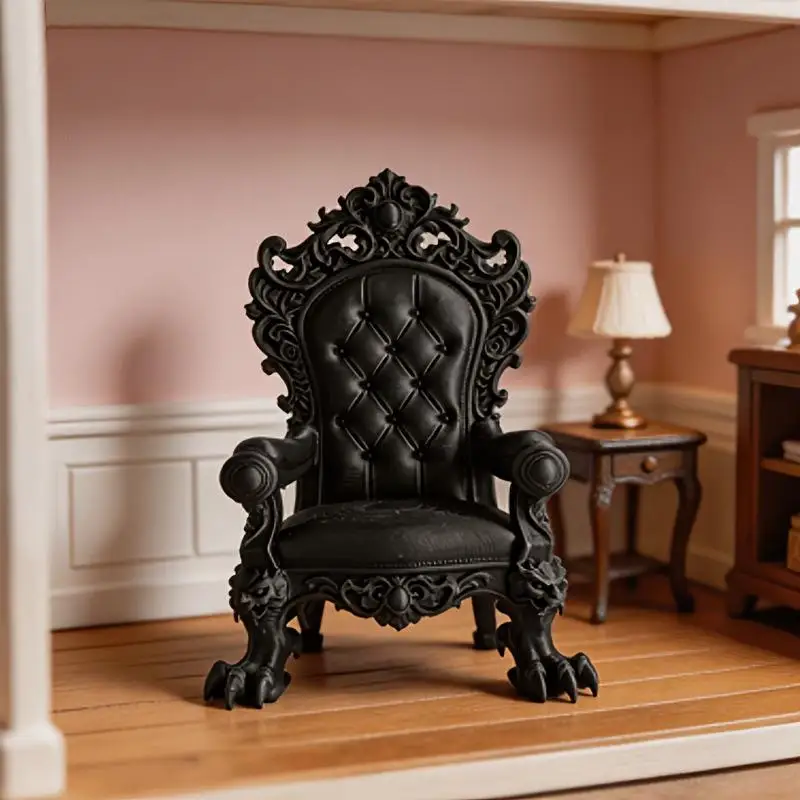 Modelo de Trono Gótico de Lujo en Marrón Oscuro y Negro con Detalles Dorados para Decoración de Escritorio, Oficina, Sala de Juegos, Soporte de Exhibición Coleccionable