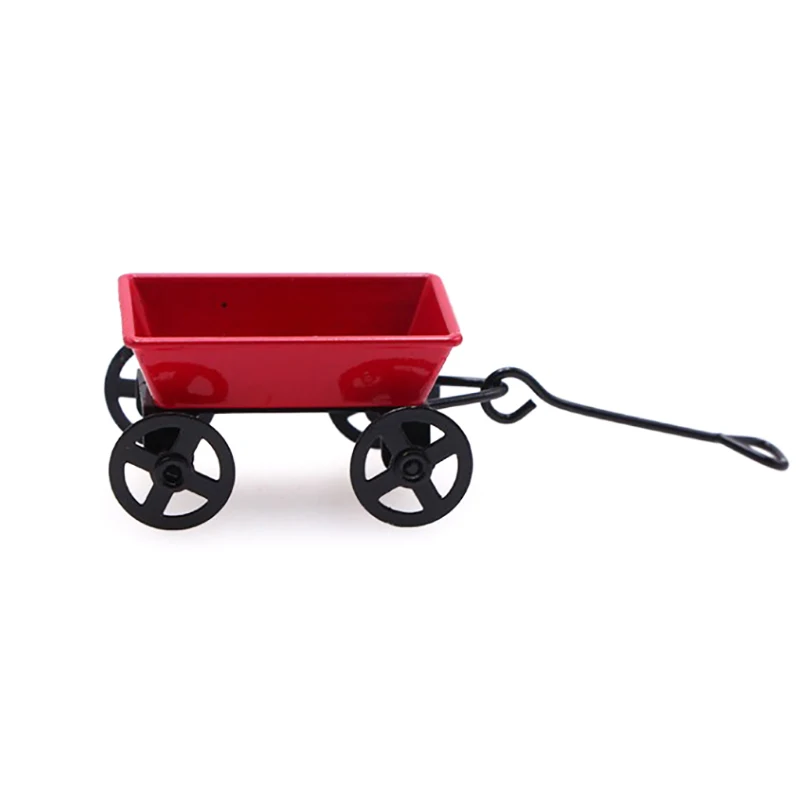 1:12 Dollhouse Mini Cute Metal Red Small Pulling Cart Ornament For Doll House Garden Decor Kids Pretend Play Toys Gift