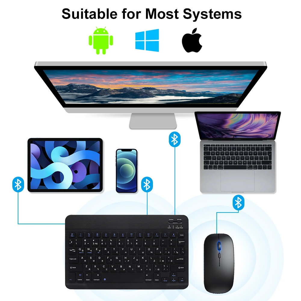 Teclado e Mouse Sem Fio Bluetooth EMTRA, Samsung, Xiaomi, Huawei, Tablet, iPad Air, Mini 5 Pro, Espanhol, Coreano, Russo