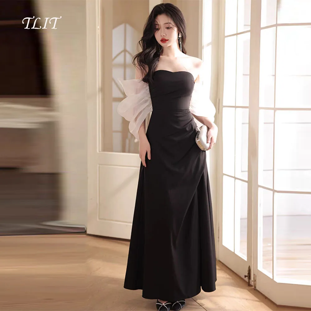 

TLIT Elegant Black Elastin Satin Evening Dresses Korea Wedding Dress Photo Shoot Detachable Sleeves Prom Gowns Customized