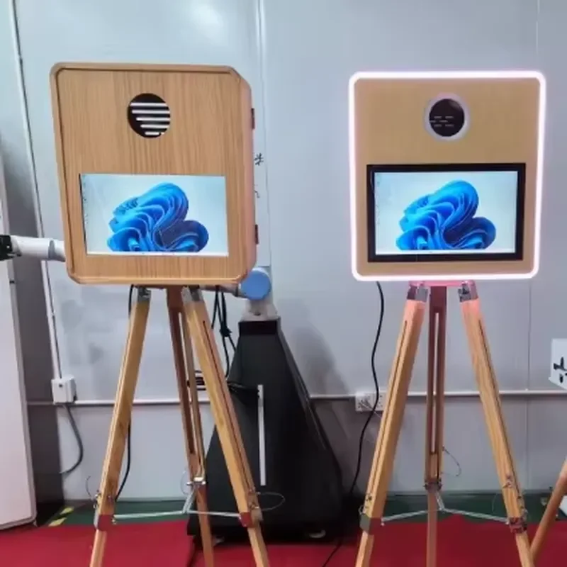 Portable Photo Booth with Printer Vintage Wooden Selfie DSLR Photo Booth for Instant Printing and Retro Style Photography