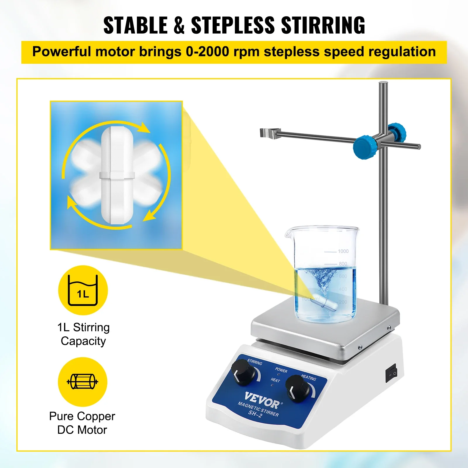 Agitador magnético, placa de aquecimento de agitador magnético de laboratório com capacidade de mistura de 1000ml com suporte, para aquecimento de mistura de líquidos de laboratório