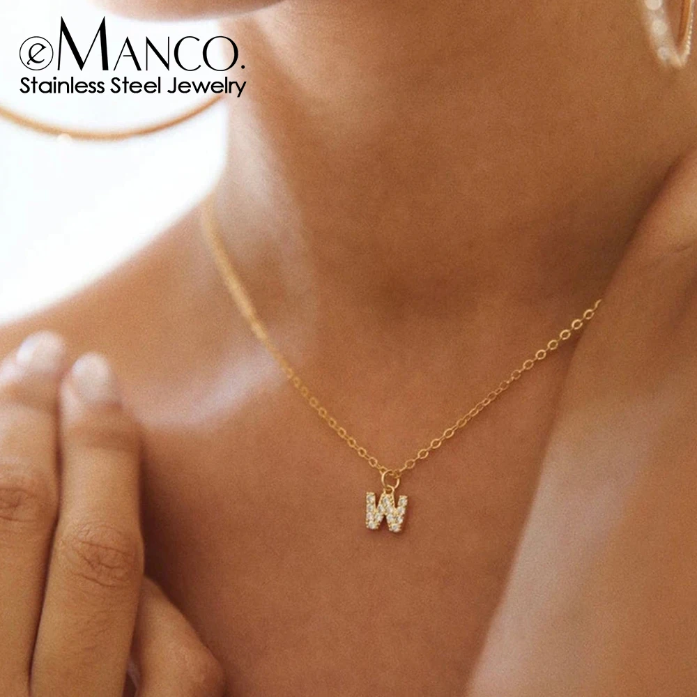 EMANCO  Y2K Style Stainless Steel Snake Chain Necklace With Crystal-Embedded Letter Pendant For Daily Commute Fashion Jewelry