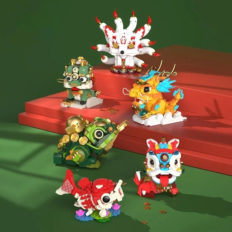 幸運の動物パズル 積み木セット かわいいライオン ドラゴン イモムシ マイクロブロック 装飾 コレクタブルおもちゃ ホームオフィス用ギフト