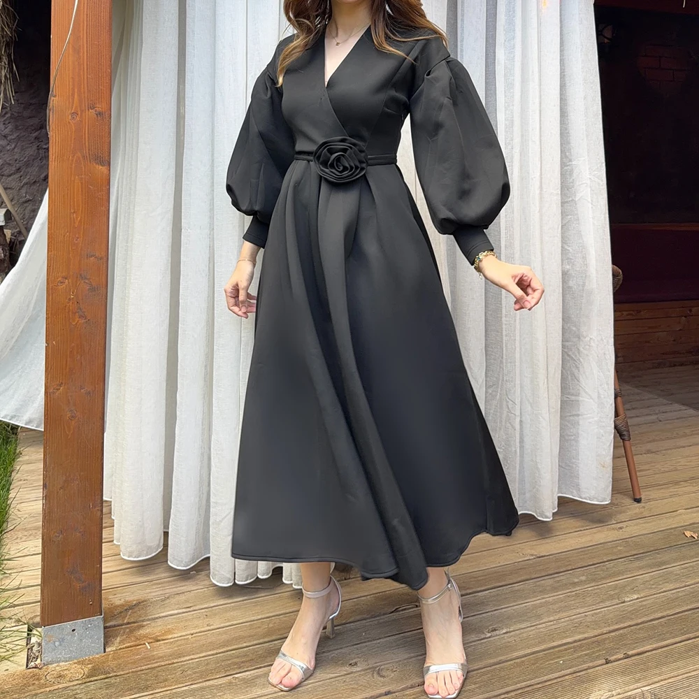 فساتين سهرة مخصصة على شكل حرف a طول الشاي ورقبة على شكل حرف v وأكمام طويلة فستان حفلات موضة الزهور وشاحات بسيطة ثنيات فستان حفلة غير رسمي #1