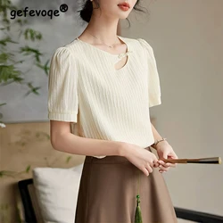 Women's Fashion Hollow Textured Chic Elegant Blouse Vintage Solid Sweet Slim Shirt Casual O Neck Short Sleeve Tops Summer Blusas