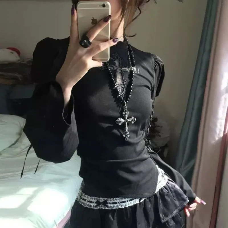 Camiseta de Manga Longa Estilo Gótico Escuro para Mulheres, Moda de Rua, Top Casual Bodycon, Vintage Americano, Primavera Verão 2026, Nova Chegada
