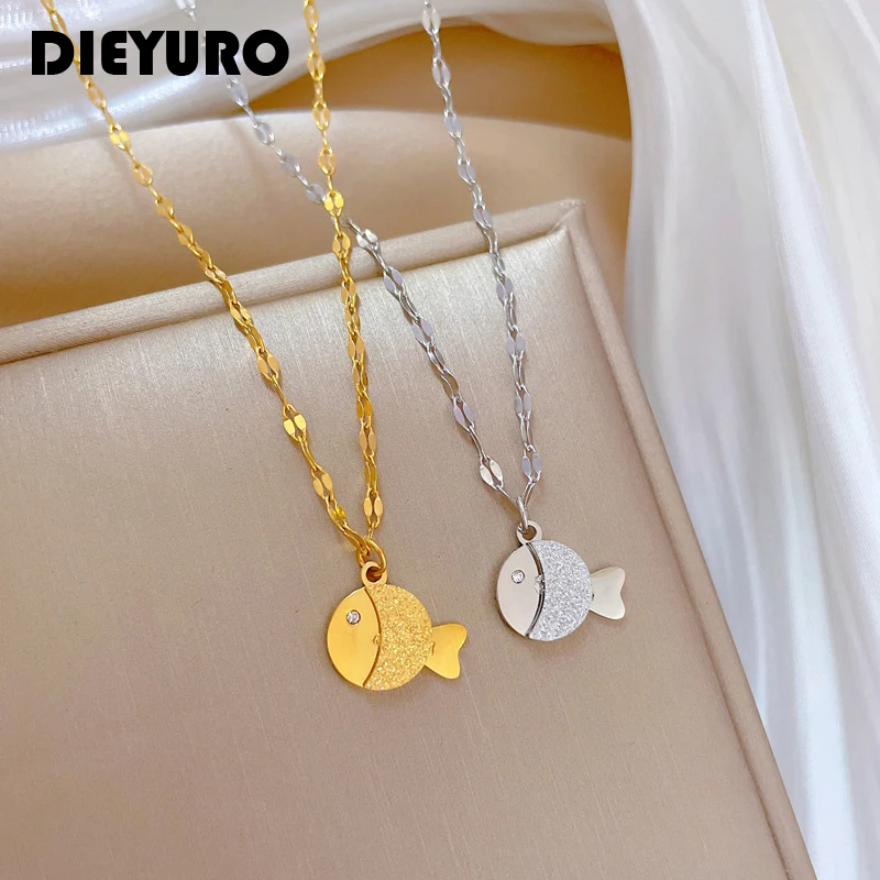 DIEYURO 316L Stainless Steel Gold Silver Color Small Fish Pendant Necklace For Women Girl New Fashion Neck Chain Jewelry Gift