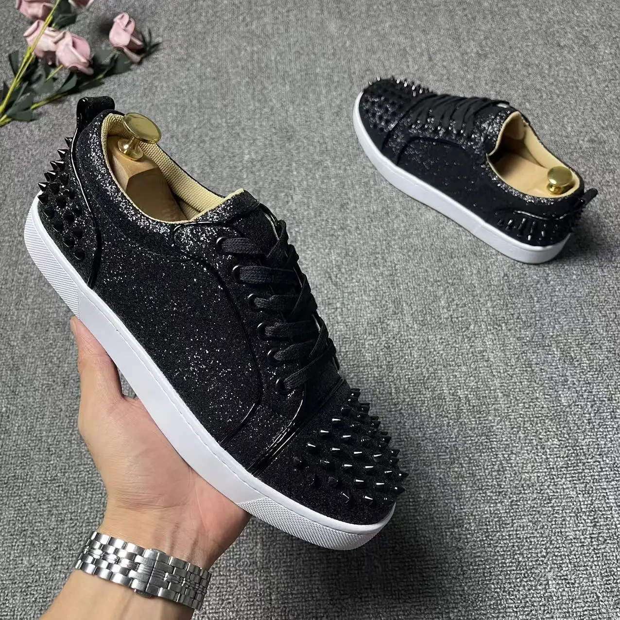 men fashion stage nightclub dress rivets shoes lace-up flats shoe black silver platform sneakers breathable personality footwear
