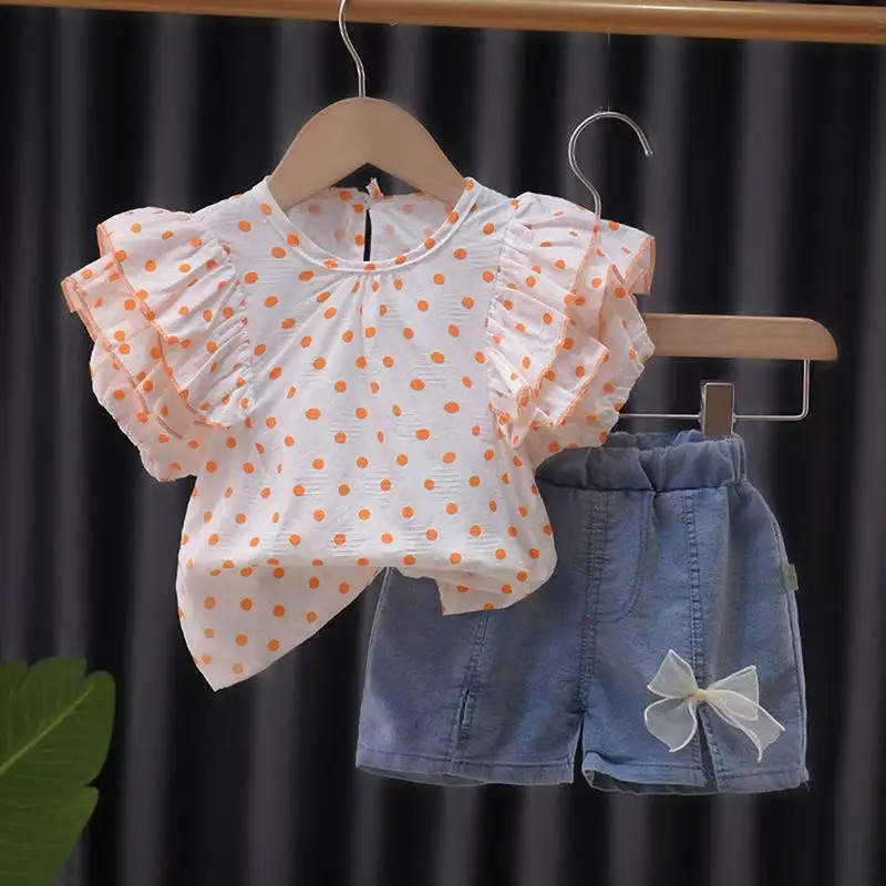 

Children's Suit 2025 New Girls Denim Shorts Bow Summer Polka Dot Ruffle Short Sleeve Cute Thin Casual Girls Clothing