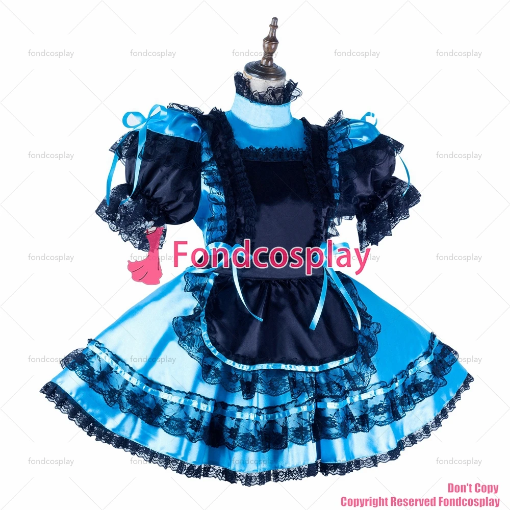 fondcosplay adult sexy cross dressing sissy maid short blue satin dress lockable black apron Uniform costume CD/TV[G2181]