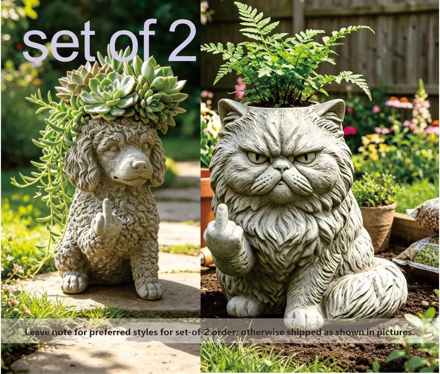 set of 3/2 Funny Middle‑Finger Animal Resin Planter, Bulldog, Bigfoot Cat, Poodle, Snail Flower Pot, Garden Yard Desktop Window
