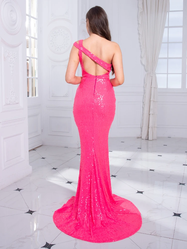 Roamgic Fashion One Shoulder Sleeveless Pink Sequin Evening Prom Gown Celebrity Mermaid Slit Bodycon Lining Cocktail Party Dress