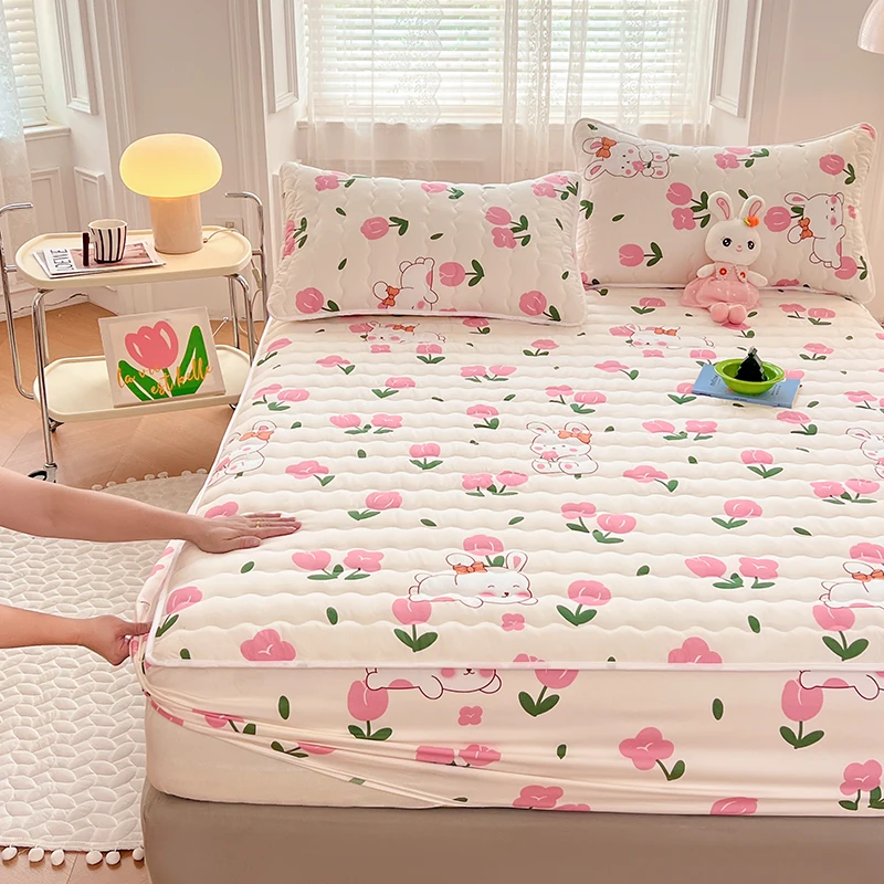 Quilted Mattress Cover For Kids Single/Double Size Rabbit Printing cubre colchón 200X220cm Anti-Mite 매트리스커버 Queen/King Size 매트리스