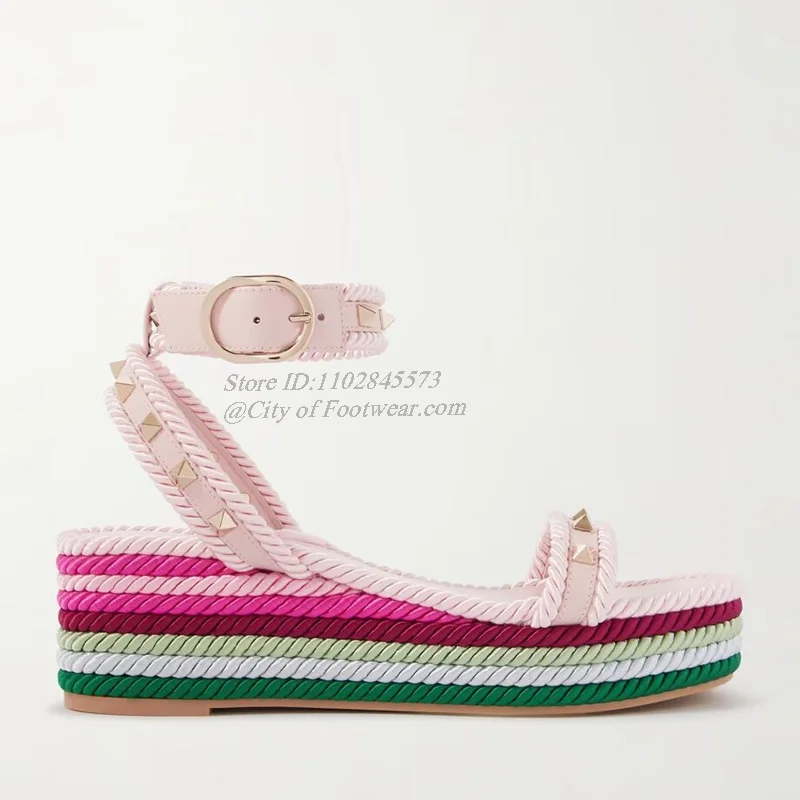 Rockstud Skórzane espadryle na platformie Letnie sandały damskie z paskiem na kostkę Luksusowe designerskie wygodne buty w ofercie