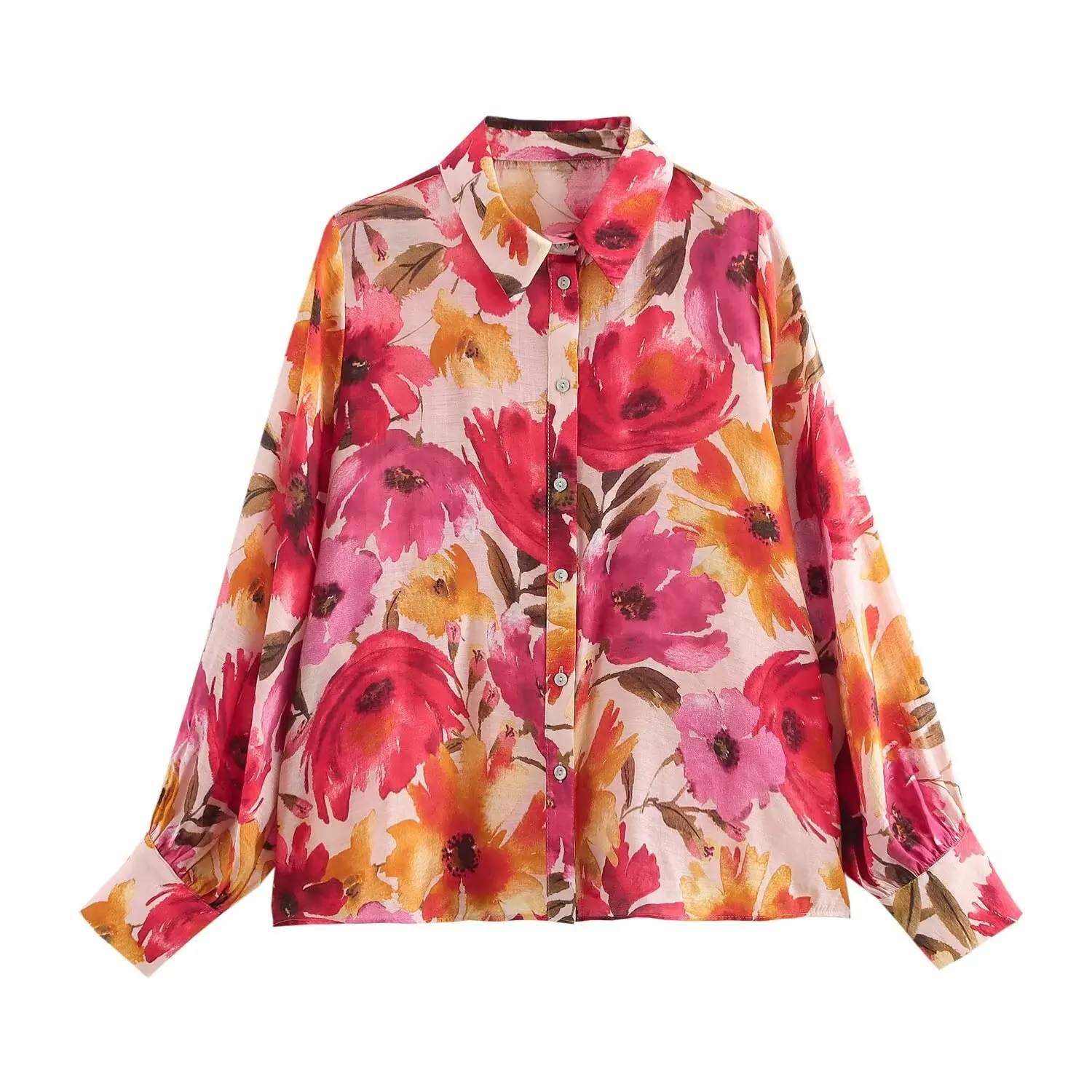 

TRAFZA Female Autumn Blouses Turn-Down Collar Long Sleeve Decorate Flower Printing Single Breasted Women's Casual Shirts Mujer