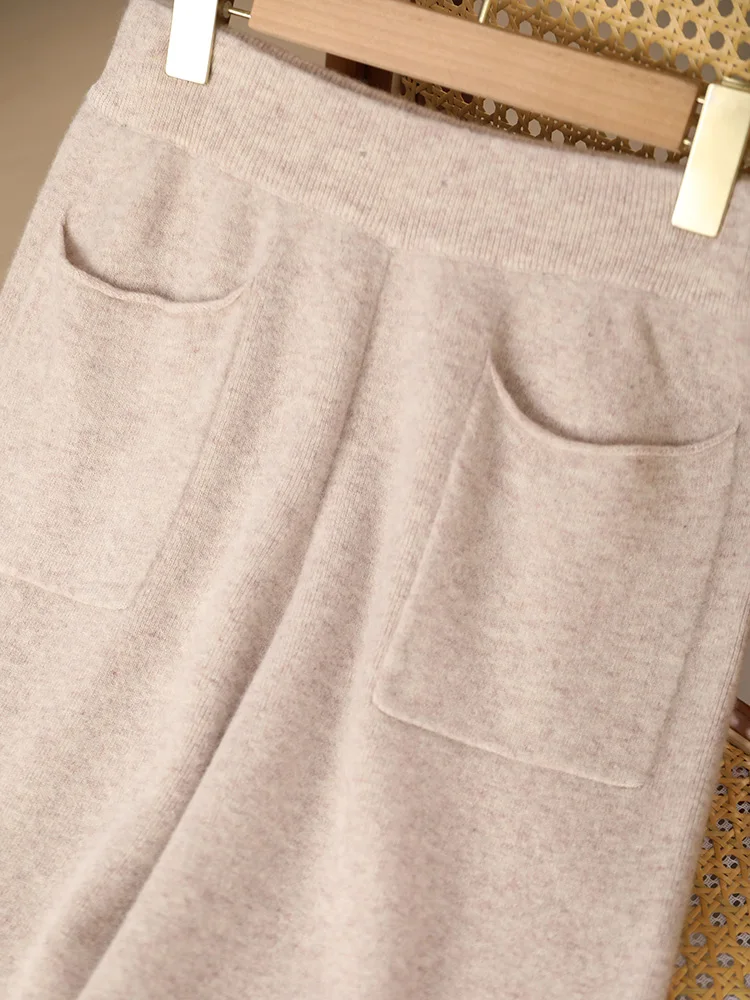 Pantaloni a gamba larga da donna New Chic Cashmere autunno inverno 100% pantaloni lavorati a maglia in lana Merino pantaloni in Cashmere con tasca Casual morbida e spessa