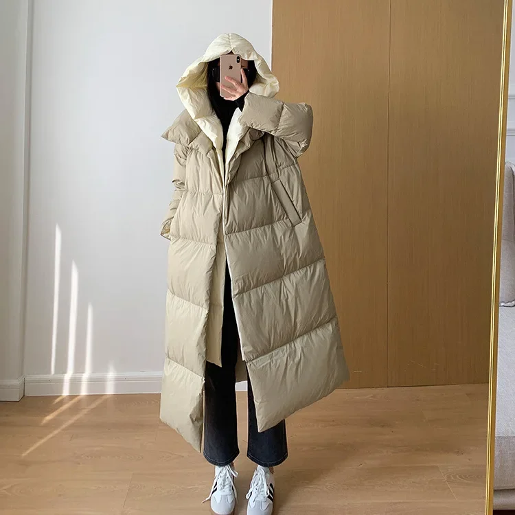 Female Fashion Fake Two-piece Parkas Down Jacket Thick Warm Hooded Long Coat Fluffy White Duck Down Jacket New Winter 2024