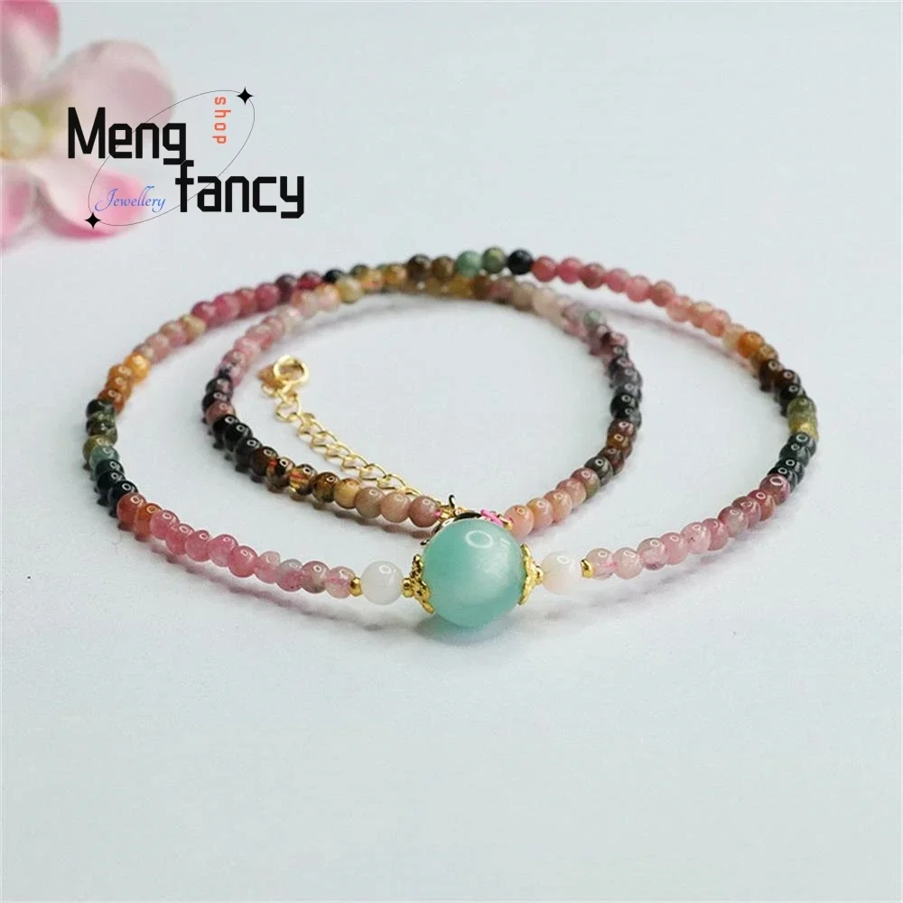 

Natural Rainbow Tourmaline Exquisite Elegant Simple High-grade Necklace Hyalite Crystal Coloured Fashion Jewellery Holiday Gifts