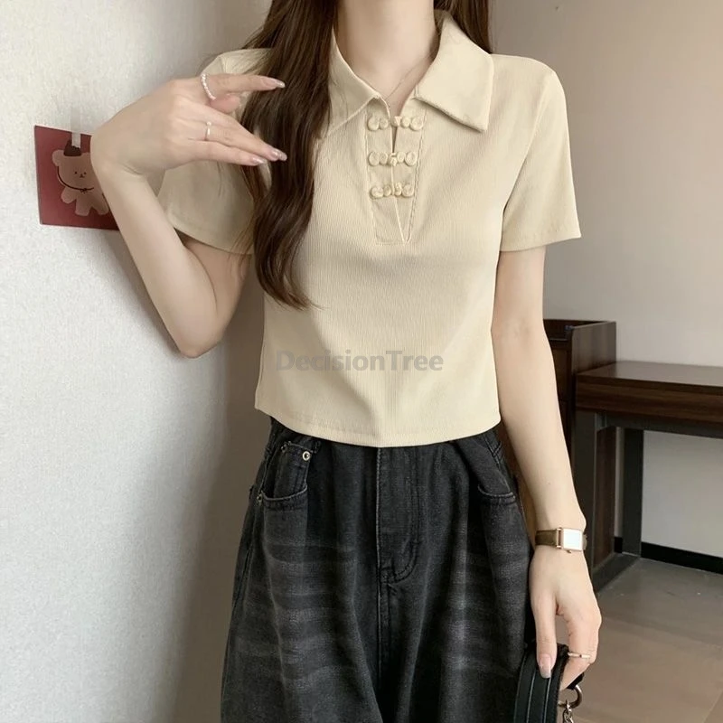 New Popular Fashionable Chinese Style Tang Suit Top Women Turn-down collar Polo Shirt Summer Buckle Short Sleeve Top