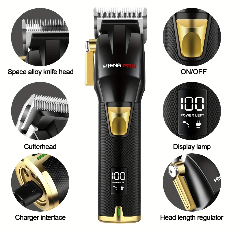 Professional Hair Clipper Set for Men, Rechargeable Hair Trimmer with LCD Digital Display, Electric Clipper, Black and Gold