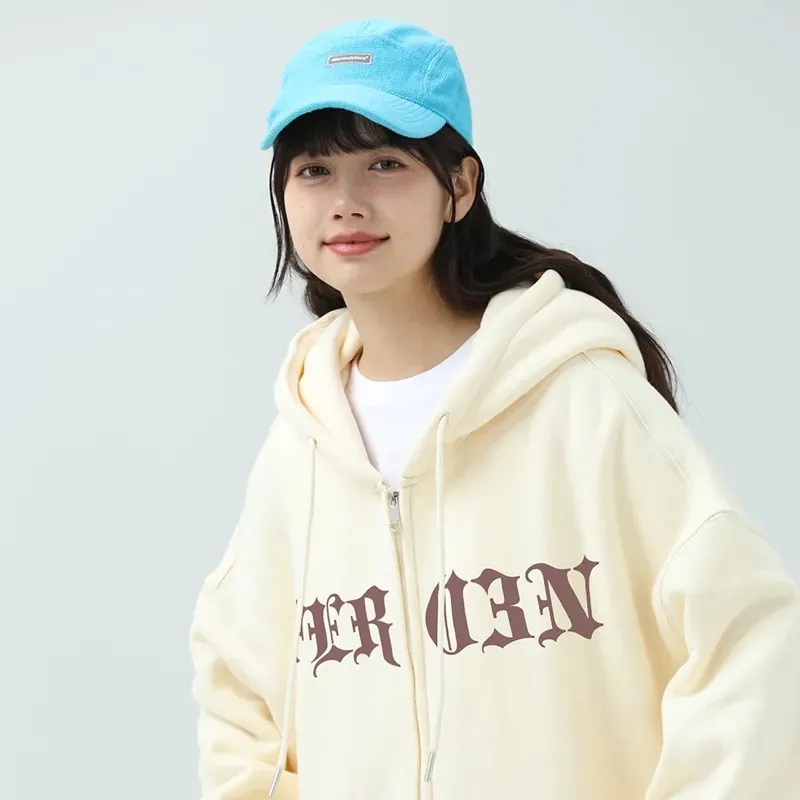 Women Oversized Zip Up Hoodie, Gothic Font Front & Circle Text Back Print Hooded Jacket, Casual Streetwear Autumn Outerwear