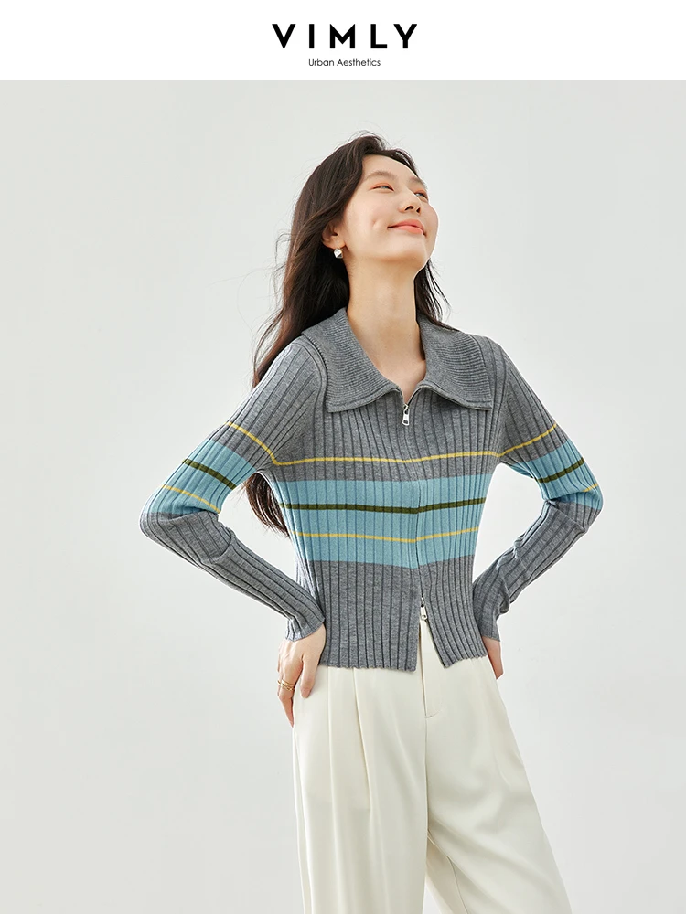 Vimly Grey Striped Wool Blend Knitted Cardigans 2024 Spring Lapel Zipper Slim Long Sleeve Knit Top Soft Female Knitwear 72722