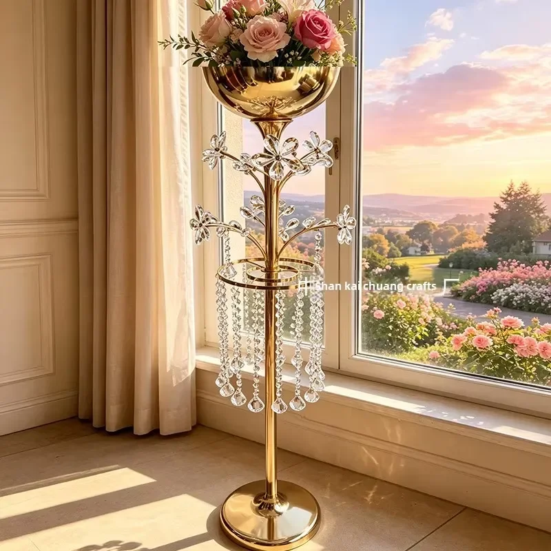 Creative Plating Golden Road Lead Simulation Flower Vase Crystal Bead Curtain Wedding Props Iron Vase Decorations
