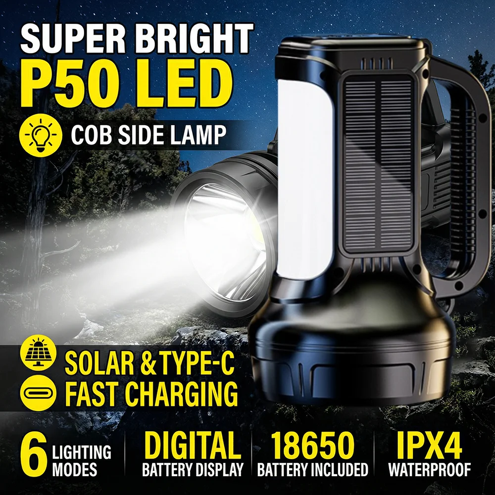 

Portable Waterproof Solar Spotlight P50 Chip LED COB Floodlight USB Type-C Rechargeable Large Beam Torch for Camping Hiking Hunt