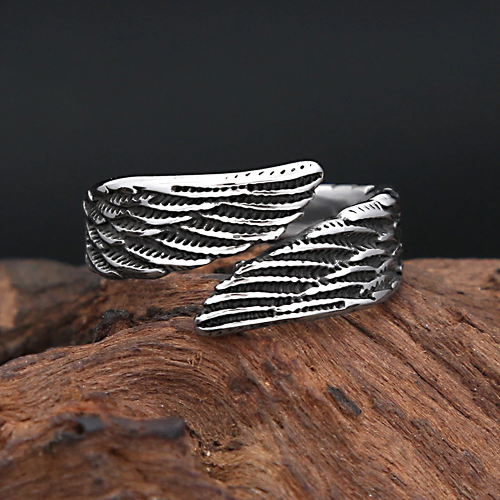 Punk Fashion 316L Stainless Steel Angel Wings Ring For Men Women Simple Trendy Cool Opening Ring Biker Jewelry Gifts Wholesale