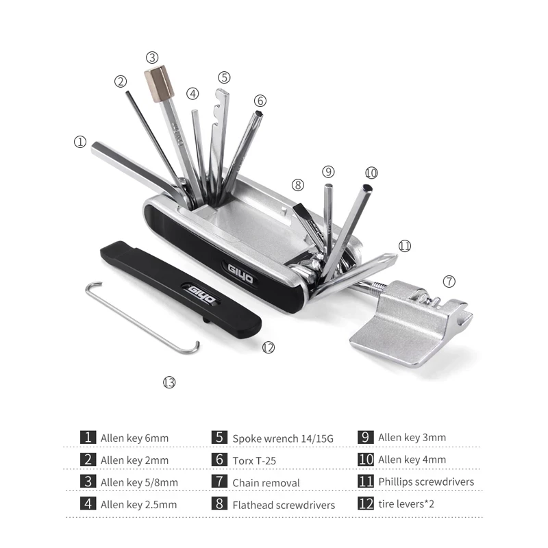 GIYO 12 In 1 Multitool Bike Portable Hex Spoke Allen Wrench Screwdrivers Tyre Lever Tool Kit Bicycle Repair Tools Multi-tool