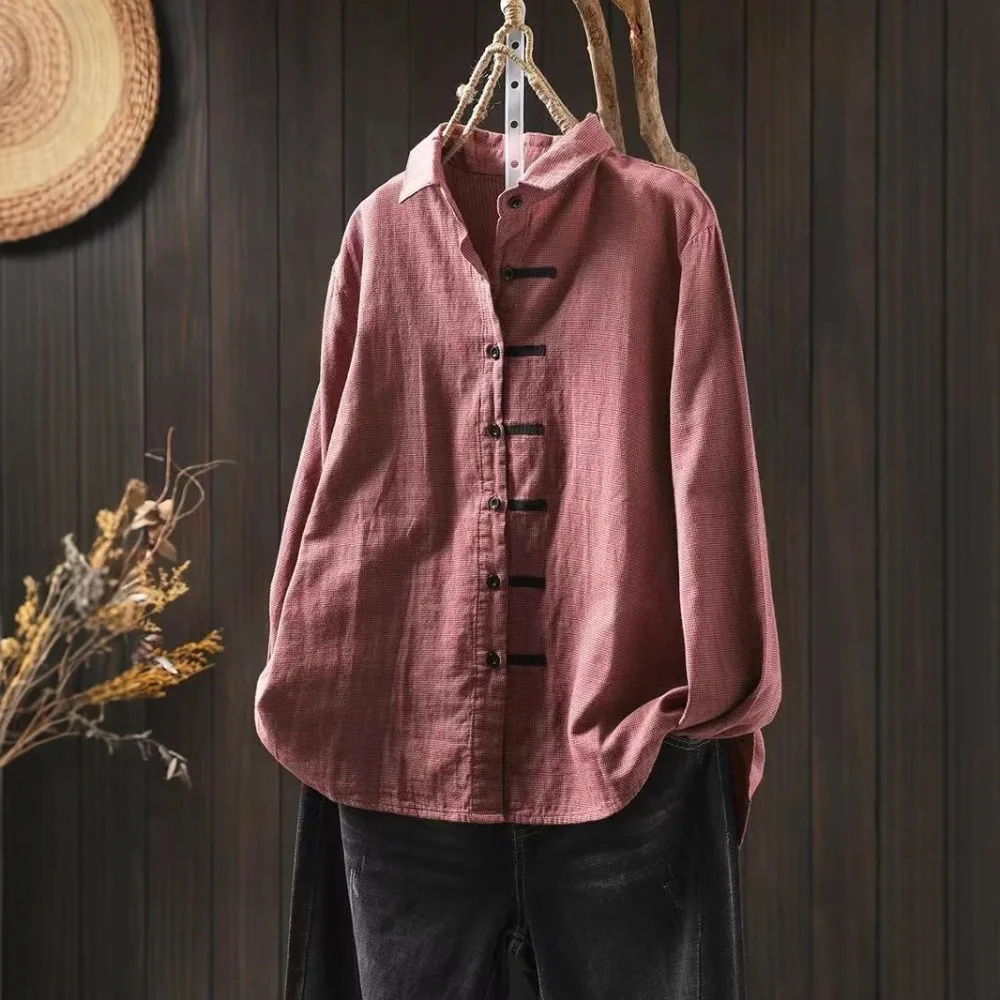 

Spring new cotton double-layer cotton yarn thousand bird grid shirt women's loose and thin casual lapel bottoming shirt 2006