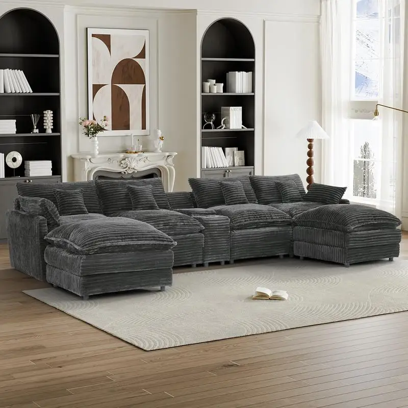 Spacious 148-Inch 7-Pc Sofa Set with Center Console, Coffee Table, & 6 Pillows - Ideal for Living Rooms & Meeting Spaces