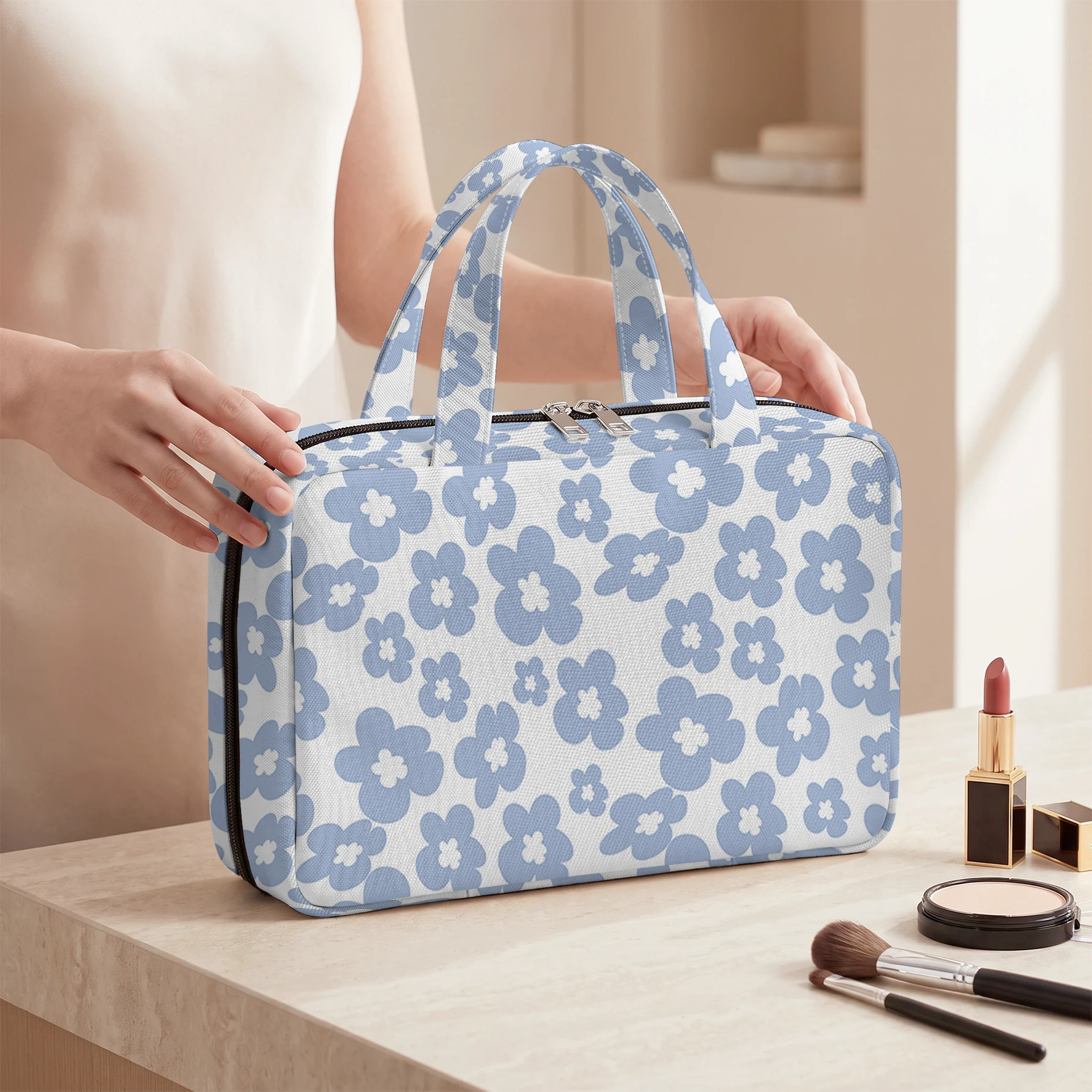 Blue Floral Print Hanging Cosmetic Bag Foldable Multi Pocket Toiletry Bag For Travel Daily Use