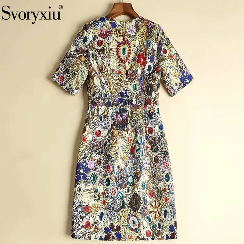 Svoryxiu Runway luxury Crystal Diamond Vintage Dress Women\'s Fashion Short Sleeve Printed Summer Party Mini Dress Vestdios