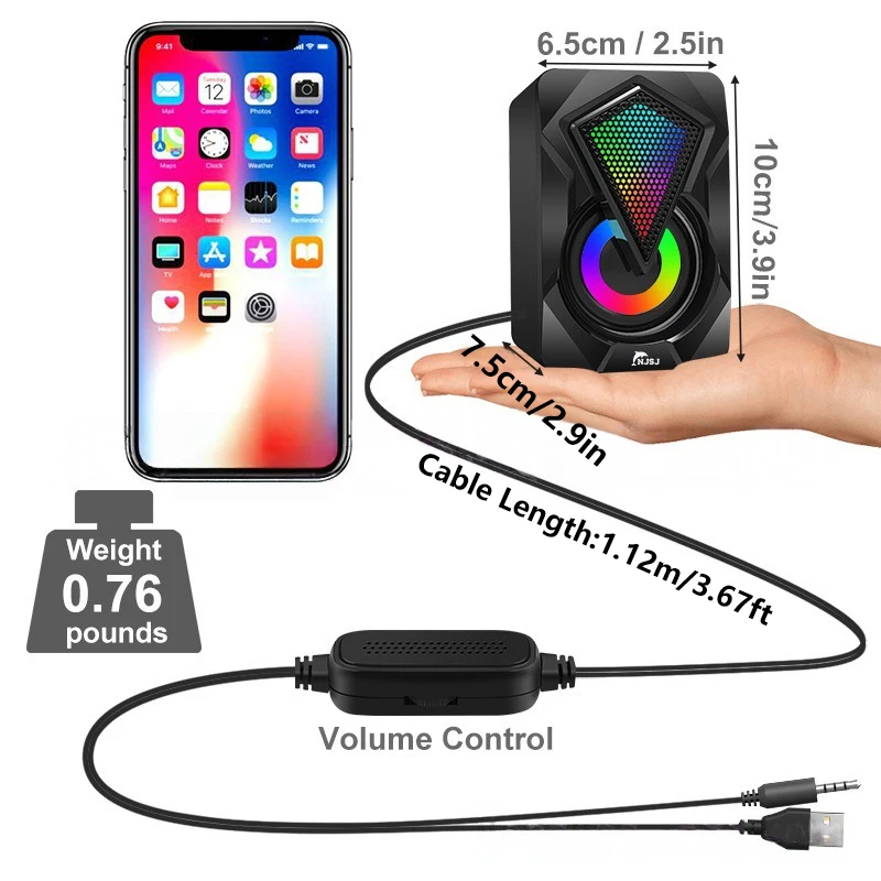 New RGB PC Speakers with Enhanced Bass USB Powered Desktop Mini Soundbar for Computer/Laptop Cool LED Lights Plug and Play view 5