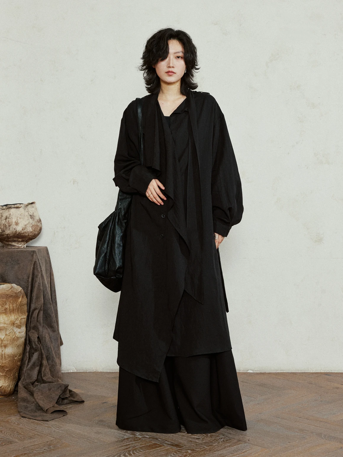 

Sunyvonne Asymmetric Long Shirt Belted Loose Fit Artistic Collar Large Turn-down Casual Outerwear for Women