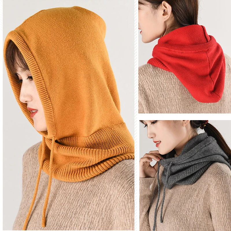 Unisex Knit Scarf Hood Hat Women Cashmere Beanies Bonnets Women Wool Neck Protect Balaclava Skullies Men Hooded Cap