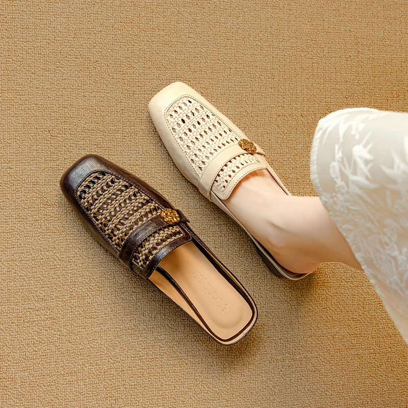 

2026 new summer women sandals natural leather 22-25cm knit fabric+sheepskin+pigskin square toe mules women shoes fashion