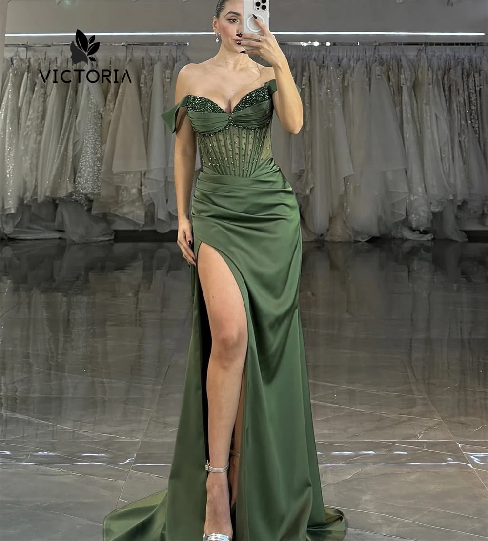 

Glamorous Green Off The Shoulder Evening Dress High Split Crystals Mermaid Corset Arabic Evening Party Gowns Cocktail Customized