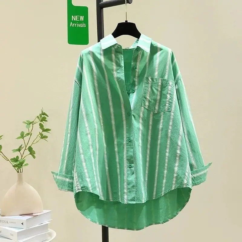 Summer Casual Korean Fashion Loose Buttons Single Breasted Striped Long Sleeve Youth Lively Bright Easy Close to the People Wild